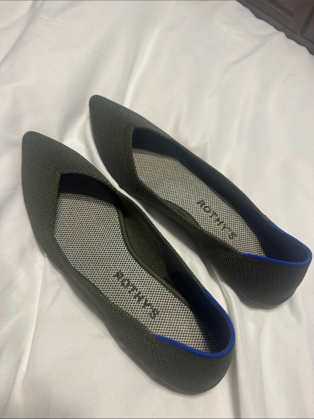 Rothy's Olive Green Pointed-Toe Knit Flats with Blue Trim